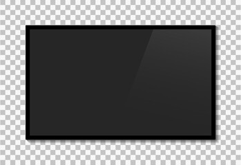 TV screen. Led television monitor on wall. Black lcd wide display isolated on transparent background. Digital plasma device for video, presentation, internet. 3d mockup of modern realistic tv. Vector