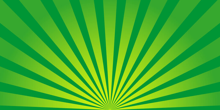 Green abstract background with sun rays. Retro texture with burst and light. Vintage cartoon and comic book. Design card with stripes and starburst. Poster, label for pop art. Color pattern. Vector