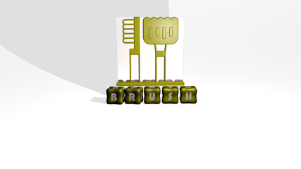 3D representation of BRUSH with icon on the wall and text arranged by metallic cubic letters on a mirror floor for concept meaning and slideshow presentation. background and illustration