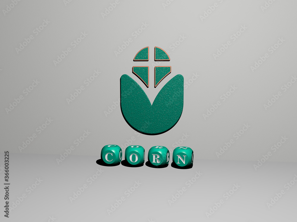 Poster 3d graphical image of corn vertically along with text built by metallic cubic letters from the top p