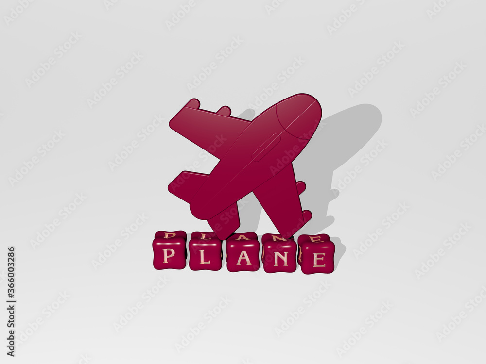 Poster 3d graphical image of plane vertically along with text built by metallic cubic letters from the top 