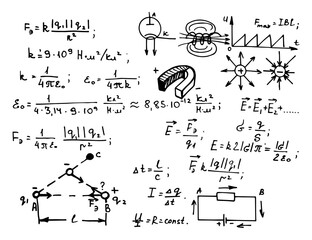 Electric magnetic law theory and physics mathematical formula equation. Physical equations on whiteboard. Education and scientific  background. Vector hand-drawn illustration.