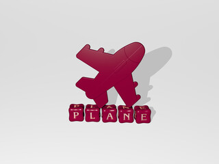 3D graphical image of plane vertically along with text built by metallic cubic letters from the top perspective, excellent for the concept presentation and slideshows. airplane and aircraft