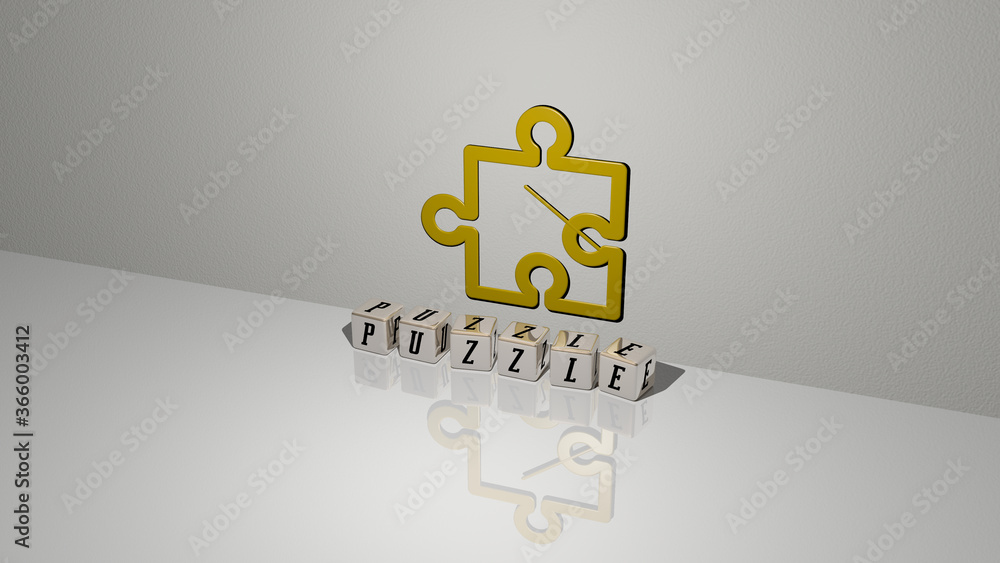 Poster 3d representation of puzzle with icon on the wall and text arranged by metallic cubic letters on a m