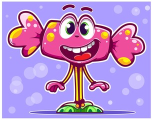 Funny cartoon sweet candy. It stands and joyfully smiles. Happy drawing character. Isolated Vector Illustration. A unique vector character.