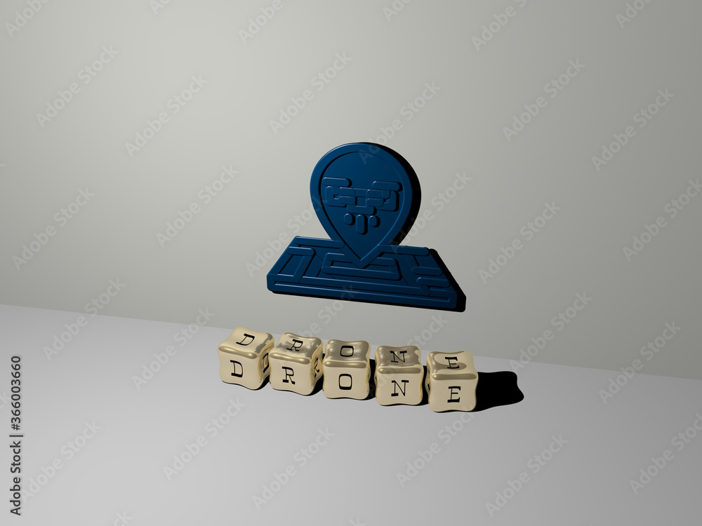 Poster 3d representation of drone with icon on the wall and text arranged by metallic cubic letters on a mi