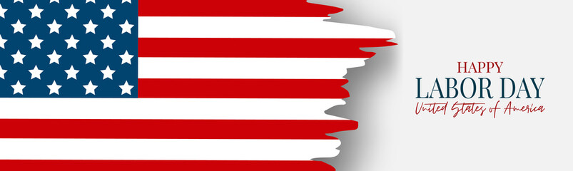 Labor Day banner or header. USA national federal holiday design. Grunge brush stroke shape. American flag background. Realistic vector illustration.