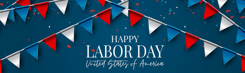 Labor Day banner or header. USA national federal holiday design. American flag colors background and blue and red bunting. Realistic vector illustration.