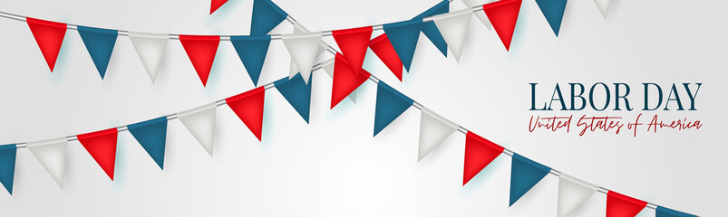 Labor Day banner or header. USA national federal holiday design. American flag colors blue and red bunting. Realistic vector illustration.