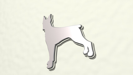 DOG on the wall. 3D illustration of metallic sculpture over a white background with mild texture. animal and cute