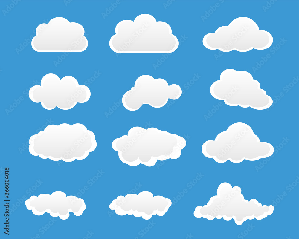 Poster set of white clouds with a shadow. clouds vector illustration. different clouds on a blue sky. weath