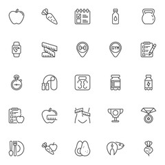 Healthy lifestyle line icons set. linear style symbols collection, outline signs pack. Fitness diet vector graphics. Set includes icons as healthy food, diet planning, gym equipment, sport nutrition
