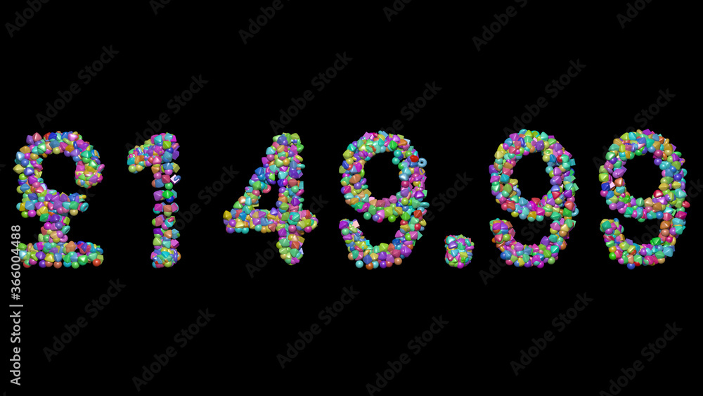 Poster colorful 3d writing of £149. text with small objects over a dark background and matching shadow