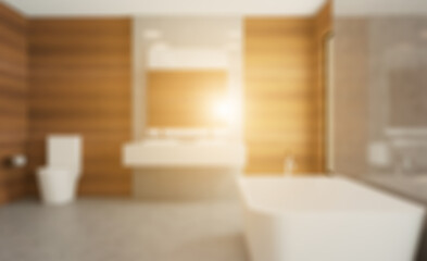 Unfocused, Blur phototography. Bathroom, wood, paneling, walls, modern, sink, marble, floor,. 3D rendering.. Sunset