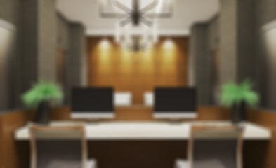 Unfocused, Blur phototography. Reception is a small business center. closed space. stainless steel elevator doors. concrete and wood panel walls. 3D rendering