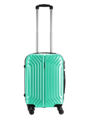 green plastic suitcase for traveling on wheels