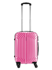 pink plastic suitcase on wheels