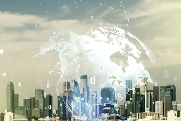 Multi exposure of abstract graphic coding sketch and world map on Los Angeles cityscape background, big data and networking concept