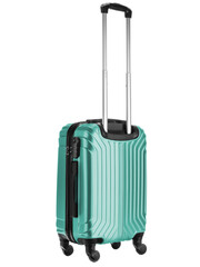 green plastic suitcase for traveling on wheels