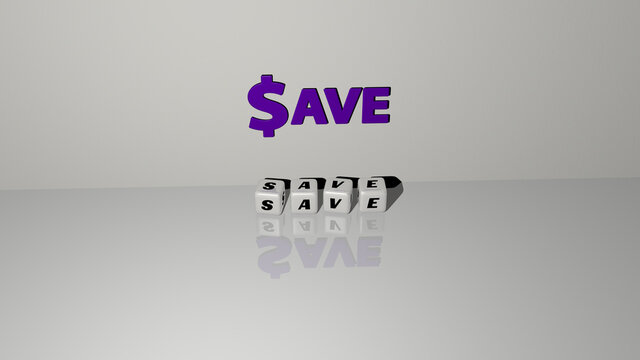 3D graphical image of SAVE vertically along with text built by metallic cubic letters from the top perspective, excellent for the concept presentation and slideshows. illustration and background