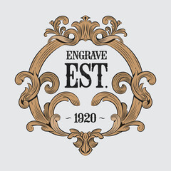 Engrave vintage hand drawn flourish label luxury element victorian round frame border etched badge vector illustration