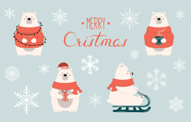 Set of cartoon Christmas polar bear characters with gift, garland, hot chocolate and sleigh. Vector isolated funny happy new year illustration for xmas cards, banners and labels.