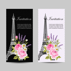 Set of vertical banners with Eiffel Tower and flowers.