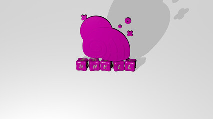 3D illustration of SHELL graphics and text made by metallic dice letters for the related meanings of the concept and presentations. background and white