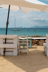Impressive view of the turquoise sea and crystal clear water on the beach of Ses Illetes in...