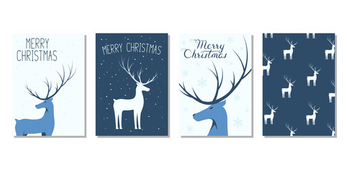 Christmas card templates with reindeer. Invitation cards for winter holiday with stag and snow sparkles. Vector isolated posters and pattern for xmas with lettering.