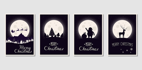Merry Christmas invitation templates with silhouettes of santa claus, reindeer, gift bag and christmas tree. Winter holiday xmas cards. Vector isolated festive posters with lettering.