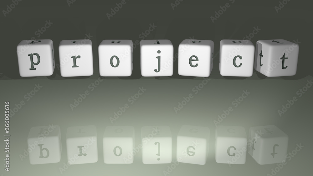 Poster alphabetic project arranged by cubic letters on a mirror floor, concept meaning and presentation in 