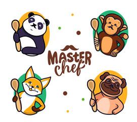 The funny set of master chef animals. Characters holding spoons for cooking.