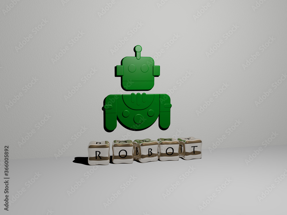 Fototapete 3d illustration of robot graphics and text made by metallic dice letters for the related meanings of