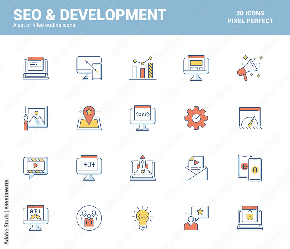 Poster flat line filled icons design-seo and development