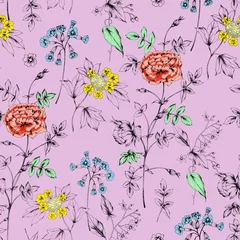 Gordijnen Elegant stylish spring floral seamless pattern with dots and lineart. © Ashash