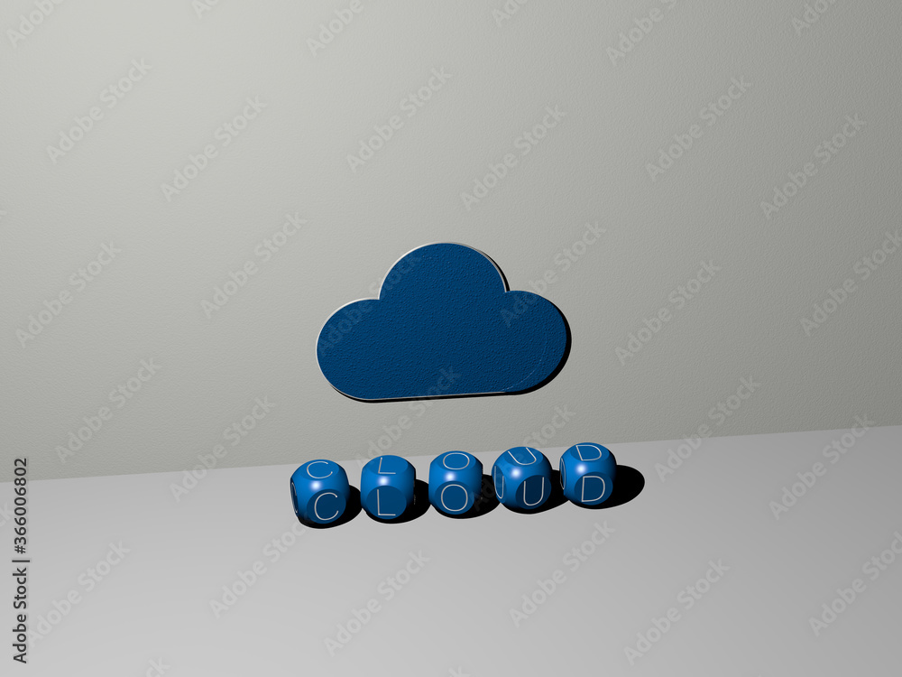 Poster 3d representation of cloud with icon on the wall and text arranged by metallic cubic letters on a mi