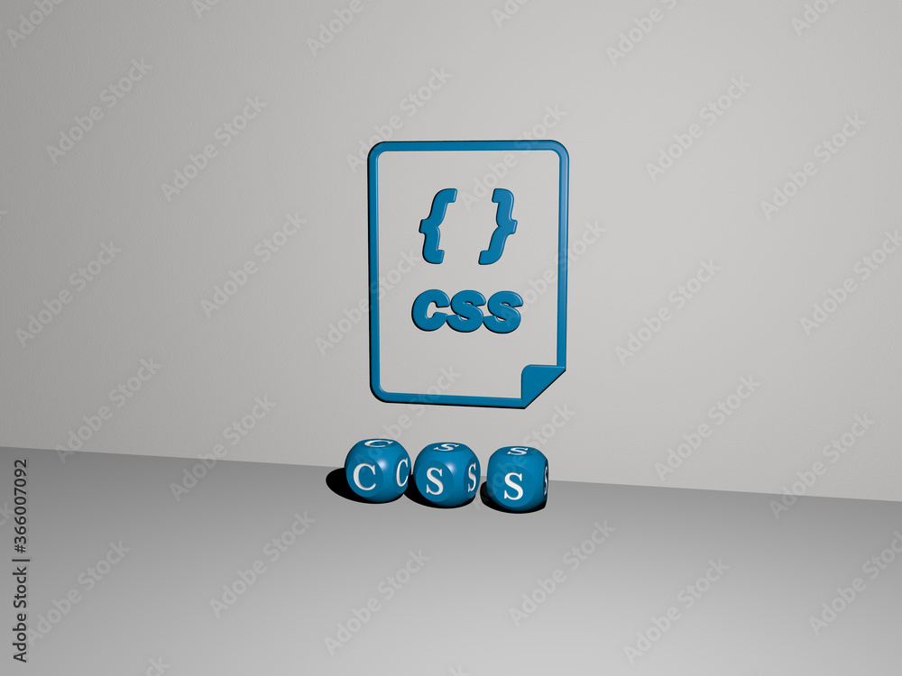 Fototapete 3d illustration of css graphics and text made by metallic dice letters for the related meanings of t