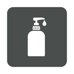 Concepto higiene y limpieza. Icono plano dosificador de jabón en cuadrado color gris
