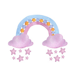 Isolated watercolor illustration of cute rainbow with pink clouds and stars in pastel colors. Baby clip art for design of greeting card, poster, print.