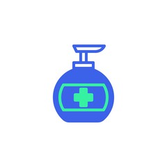 Disinfectant bottle icon vector, filled flat sign, bicolor pictogram, Medical sanitizer dispenser green and blue colors. Symbol, logo illustration