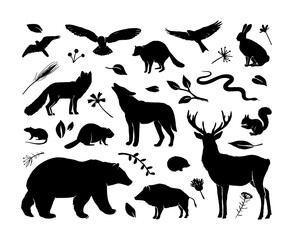 Vector silhouettes animals set. Deer, hare, fox, hedgehog, squirrel, wolf, bear, snake, beaver, raccoon, mouse, wild boar and birds.