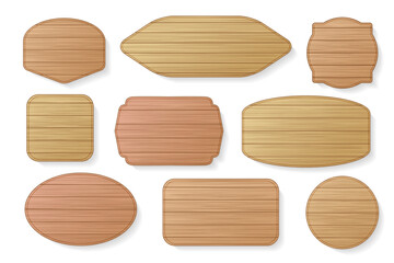 Wooden stickers label collection. Set of various shapes wooden sign boards for sale, price and discount banners, badges isolated on white background.