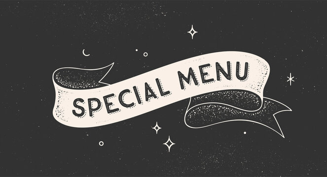 Special Menu. Vintage ribbon with text Special Menu. Black white vintage banner with ribbon, graphic design. Old school hand-drawn element for cafe, bar, restaurant, food menu. Vector Illustration
