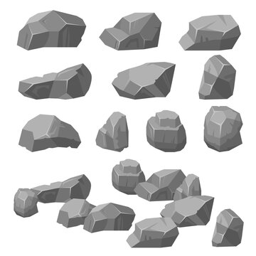 Vector set. Stones and rocks in isometric 3d. Vector collection of different stones, rocks. Cobblestones of various shapes.