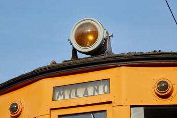 Rare and historic suburban tram in Milan, headlights detail