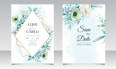 Naklejka na ściany i meble Elegant watercolor floral and leaves invitation card set