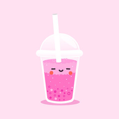 Vector Bubble Tea, tapioca milk tea. Pearl milk tea, Bubble Tea is Taiwanese famous and popular drink. Boba and small boba. Kawaii Character Boba. Pink with adorable emoticons. Blushing and smiley. .