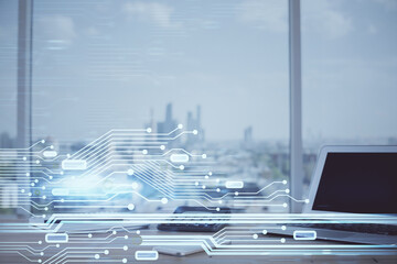 Double exposure of desktop computer and technology theme hologram. Concept of software development.