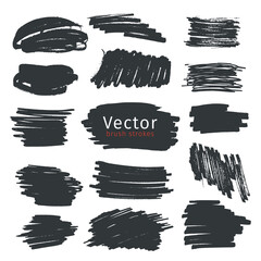 Set of black ink brush strokes isolated on white background